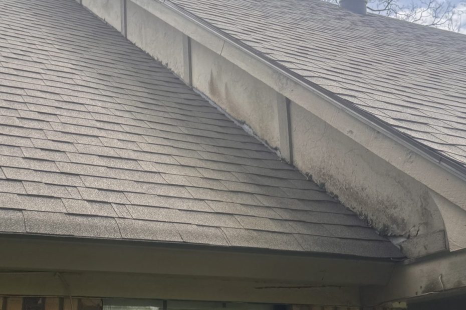 Asphalt shingle roof edge and gutter over a brick wall in Haughton, LA